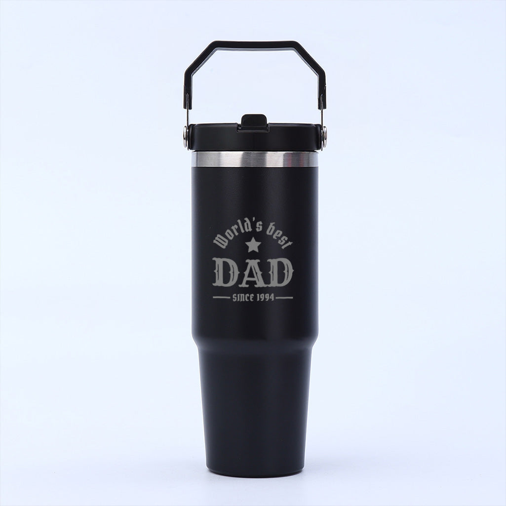 Black stainless steel cup with Sielux SL2 laser-engraved custom design