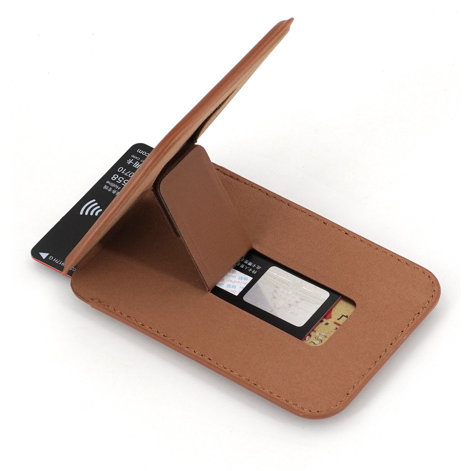 Brown magnetic card wallet functioning as a phone stand