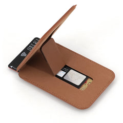 Brown magnetic card wallet functioning as a phone stand