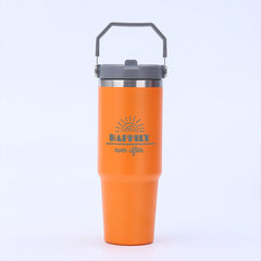 Orange stainless steel cup with Sielux SL2 laser-engraved custom design